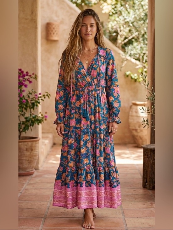 Boemos Dresses & Skirts - Boemo x Anthropologie Vibrant Floral Paisley Long Sleeve Maxi Dress